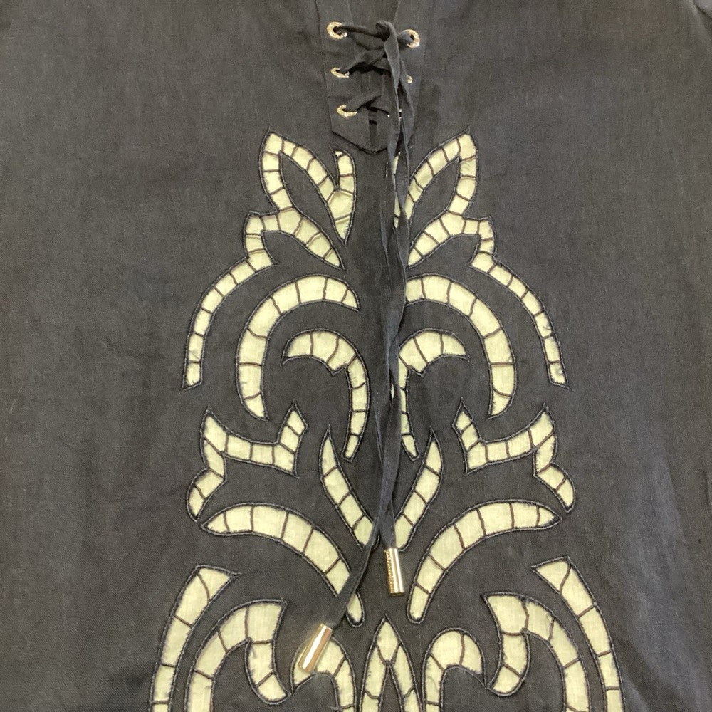 KARL LAGERFELD PARIS SAMPLE Linen Lace-Up Mini Dress W/Cut-Out Detailing Blue M - Picture 4 of 8
